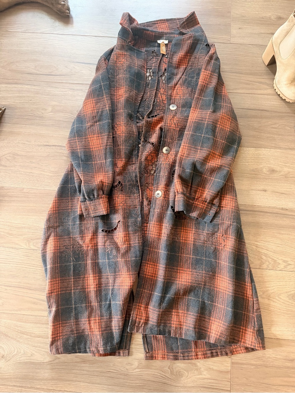 POL Orange and Black Plaid Long Coat